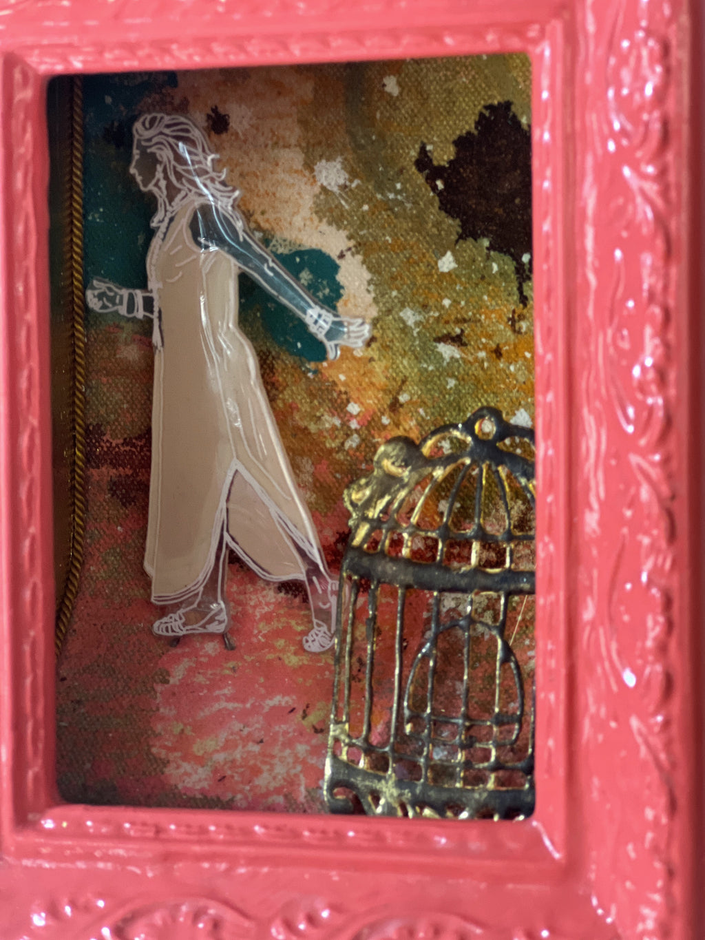 Artistic depiction of a figure with a birdcage against a textured background, framed in pink.