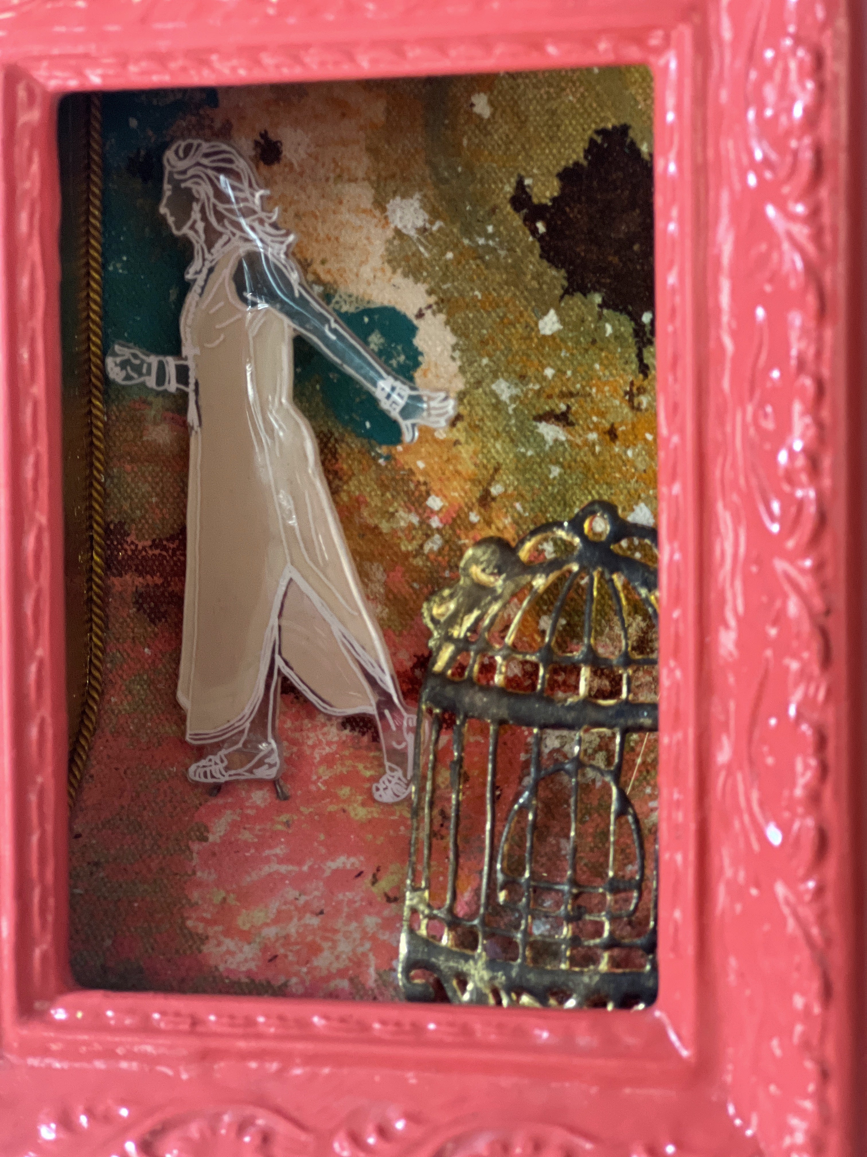 Artistic depiction of a figure with a birdcage against a textured background, framed in pink.